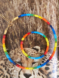 Gypsy Enamel Tile Necklace + Bracelet 2pc Set - Rainbows