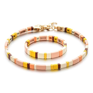 Gypsy Enamel Tile Necklace + Bracelet 2pc Set - Neutrals